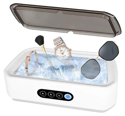 Image de Nettoyeur à ultrasons - Machine de nettoyage - Nettoyage en profondeur à 360° - 3 vitesses -à un bouton - Pour lunettes, bijoux et prothèses dentaires - Blanc