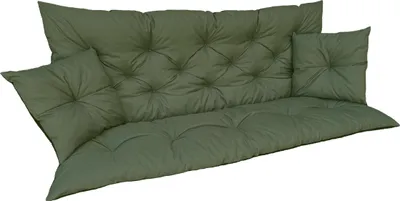 A green bench cushion with two smaller square cushions attached.