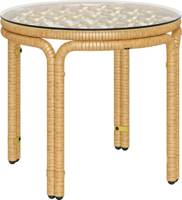 A round rattan side table with a glass top, shown on a white background.