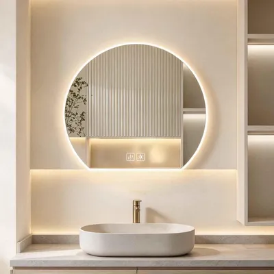 Immagine prodotto di Specchio da bagno LED Zimilo con illuminazione, specchio rotondo da parete, 80x73 cm, con controllo touch, dimmerabile, tre tonalità di luce, antiappannamento, antideflagrante, ideale per il bagno