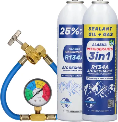 Obrázok produktu pre Kombinovaná súprava Alaska Refrigerants - 3v1 R134a náhradné chladivo s PAG 100 olejom a tesniacim prípravkom + R134a náhradné chladivo + hadica a manometer