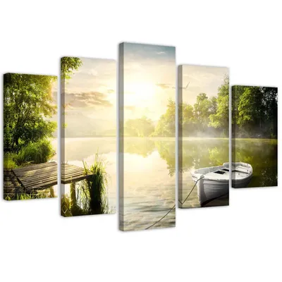 Produktbild von 5-teiliges leinwandbild sonnenaufgang über dem see 100x70 cm Feeby grün wandbild bereit zum aufhängen