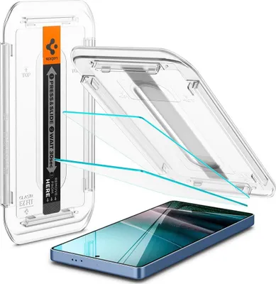 A screen protector kit for a smartphone, showing the installation guide and the phone.
