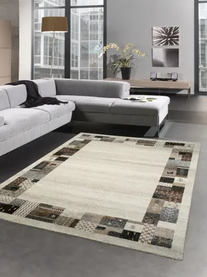 Image de Tapis design Tapis de salon moderne bordure beige crème turquoise Taille - 80x150 cm
