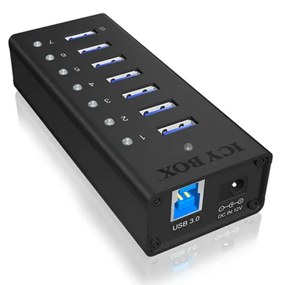 Produktbild von ICY BOX IB-AC618, 7 Port USB 3.2 Gen 1 Hub mit 1x Tablettladeport, Vollmetall, mit 12V 3A Netzteil, schwarz