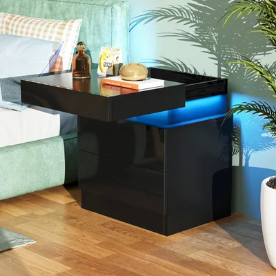 Produktbild von Nachttisch Nachtschrank mit LED-Beleuchtung mit 2 Schubladen 42x35x52cm schwarz