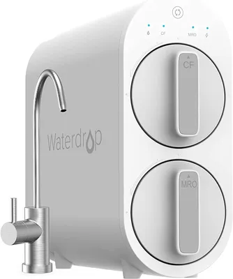A white Waterdrop water filtration system with a silver faucet is shown against a white background.