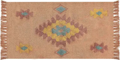 Produktbild von BELIANI Teppich Orange Baumwolle 80 x 150 cm Rechteckig Geometrisches Muster mit Fransen Boho Stil Handgetuftet für Wohnzimmer Schlafzimmer Flur