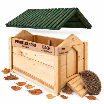 zooprinz Igelhaus Milo aus Holz mit Pendelklappe, Rampe und grünem Satteldach