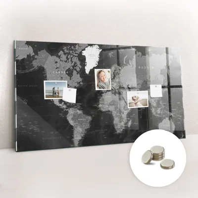 Obrázek produktu pro Magnetická Tabule na Zeď Skleněná - Memo Board Kleněnou Přední Stranou - 5 magnetů v balení - 120x60 cm - Černá mapa světa