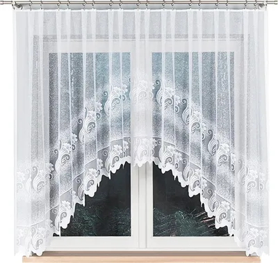 A white lace curtain with a scalloped bottom edge is shown hanging in front of a window.