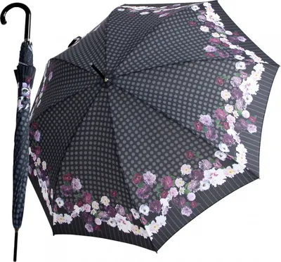 Produktbild von Knirps Stockschirm Damen Automatik Blumenmuster Punkte Grau Violett