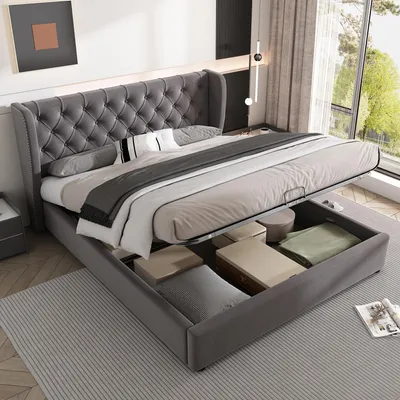 Image de OKWISH Lit coffre 140x200 - Lit double avec sommier à lattes et coffre hydraulique - Velours - Sans Matelas - Gris