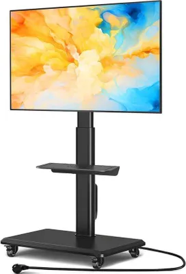Image de Support TV mobile pour téléviseurs plats incurvés de 32 à 55 pouces - support TV pivotant et à roulettes avec socle en bois, réglable en hauteur à l'aide d'un plateau, VESA max. 400 x 400 mm, jusqu'à 35 kg