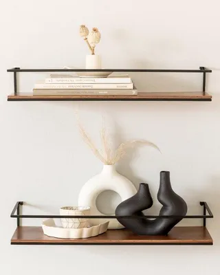 Immagine prodotto di Set di scaffali in metallo e legno, mensole da parete, marrone, per bagno, soggiorno, cucina