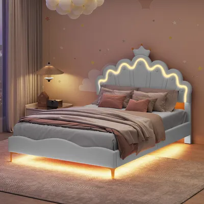 Produktbild von CDGlobal Polsterbett 140x200cm mit Lattenrost, Kinderbett mit Kronenförmigem Kopfteil, Jugendbett Doppelbett mit Led, Hydraulisches Stauraumbett, PU, weiß