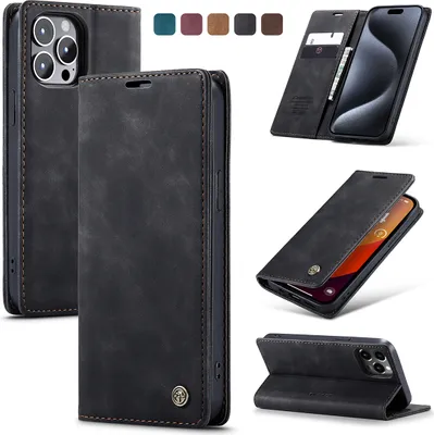 Produktbild von iPhone 15 Pro Max Hülle, Retro Kunstledertasche Kartenfächer Klapphülle mit Standfunktion Schutzhülle für iPhone 15 Pro Max Schwarz