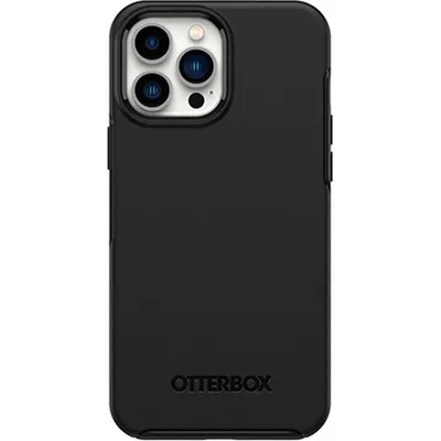A black OtterBox Symmetry Plus iPhone 13 Pro Max MagSafe case is shown from the back.