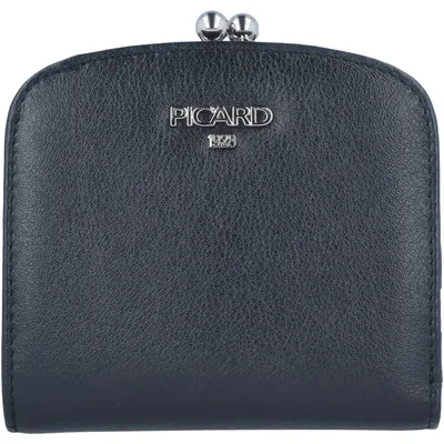 A black leather wallet with a clasp closure.