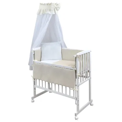 Produktbild von Baby-Delux Beistellbett Stillbett Babybett 90x40 weiß inkl. Matratze Bettwäsche Set komplett Waffelpique Musselin Beige