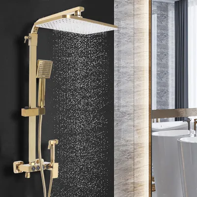 Immagine prodotto di Set per doccia - Miscelatore per doccia - Soffione per doccia - Set completo per doccia - Miscelatore per doccia completo - Finitura oro spazzolato - 31,5 x 22 cm