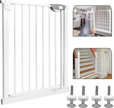 Produktbild von YARDIN zábrana na schody, dvojitý zámok, extra bezpečná kovová zábrana na dvere, biela, 75-85 cm, zábrana na dvere | 90° doraz | automatické zatváranie