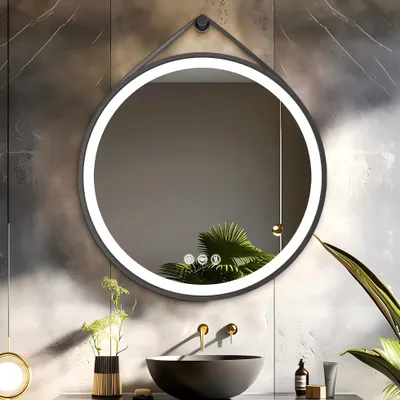 Obrázek produktu pro WISFOR LED zrcadlo, kulaté, průměr 80 cm, koupelnové zrcadlo s osvětlením, kožená poutka, 3 barvy světla, funkce paměti