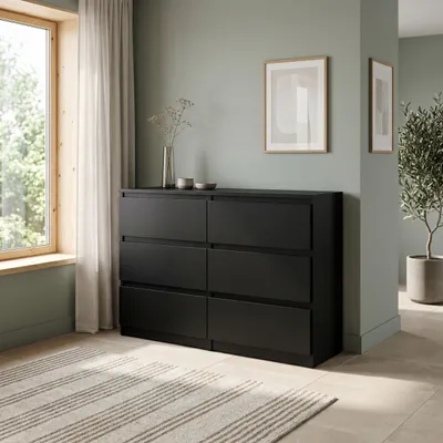 Produktbild von Masseno Kommode NUDO 120 cm Sideboard mit 6 Schubladen und  Türen für Wohnzimmer Schlafzimmer Modern 120x39x78,5 cm Schwarz / Schwarz