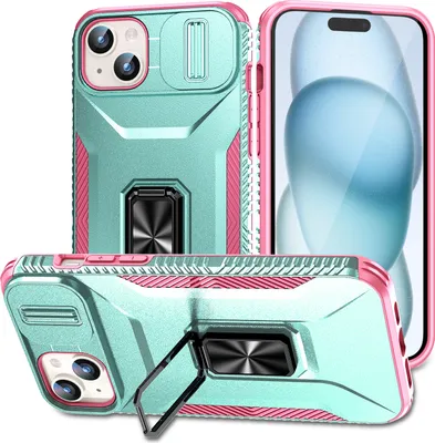 Produktbild von Handyhülle für iPhone 15 Plus Dual Layer Hülle mit Schiebe Kamera Schutz und Ringhalter Ständer Türkis