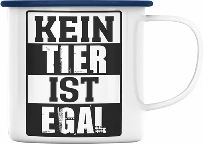 Produktbild von Trendation - Veganer Geschenk Lustige Emaille Tasse Vegetarier Geschenkidee Emaille Tasse Lustig für Geschenkset und Geschenkbox Kein Tier Ist Egal (Blau)