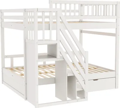 Produktbild von Merax Etagenbett 140x200 cm mit Treppe, Kinderbett für 2 Kinder mit Stauraum, Schubladen und Hohem Geländer, Jungenbett aus Massivholz, Weiß