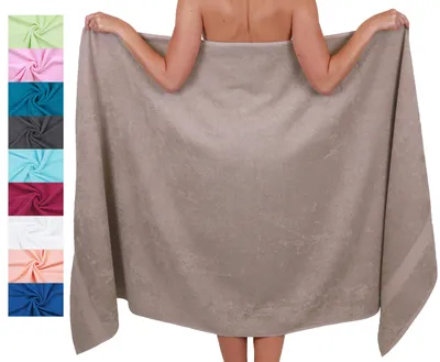 A person is holding a large towel in front of them, with a swatch of other towel colors to the left.