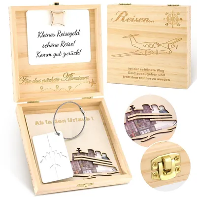 Productafbeelding van Geldcadeau, reiskas set met gravure, inclusief bagagelabels en een felicitatiekaart, 14x14x3,5 cm