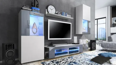 Produktbild von Vladon Wohnwand Movie, Anbauwand bestehend aus 1 TV-Board, 2 Vitrinen und 1 Regal, Weiß matt/Weiß matt/Grau Hochglanz, inkl. LED-Beleuchtung blau (Gesamt: 300 x 190 x 39 cm)