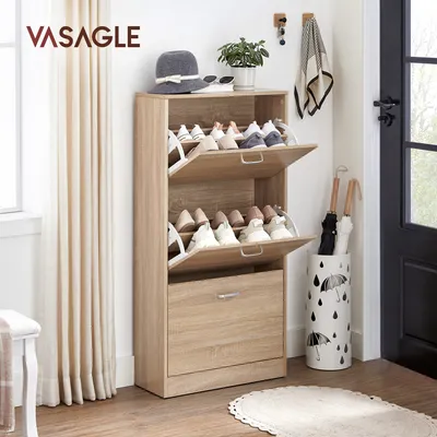 A shoe cabinet filled with shoes, hats, and decorative items in an entryway.