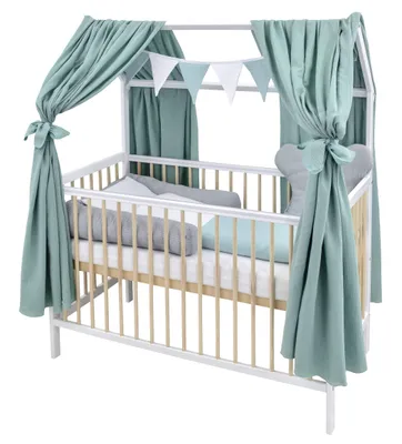 Produktbild von Baby-Delux Hausbett Kinderbett Gitterbett Weiß Natur 60x120 Beißschienen Schutzgitter Matratze Bett Set Waffelpique Musselin Grau Mint Musselinhimmel