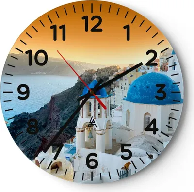 Produktbild von Wanduhr - Rund - Glasuhr - Santorini Griechenland Urlaub Insel - 40x40cm - Schleichendes Uhrwerk - Lautlos - zum Aufhängen bereit - Dekoration Modern - Wanddekoration aus Glas - C4AR40x40-2529