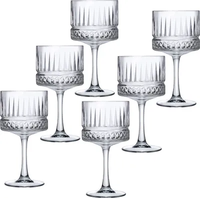A set of six clear cocktail glasses arranged on a white background.