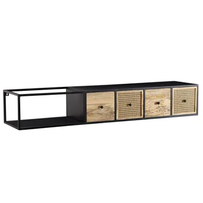 Produktbild von Lowboard Hängend Mango Massivholz / Metall 150x25x35 cm TV-Schrank Schwarz, Design Fernsehtisch Wiener Geflecht Modern, Fernsehschrank Wand, TV-Kommode Fernsehkommode zum Aufhängen