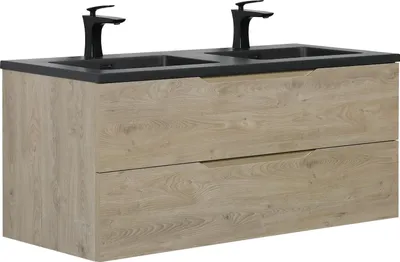 Image de Meuble de Salle de Bain Set Cairo 120 x 48 cm - Chêne Châtaignier - Meuble de Salle de Bain avec Lavabo Noir