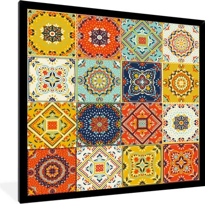 Produktbild von MuchoWow® Gerahmtes Poster Vintage - Blumen - Muster - Weiß - Orange 40x40 cm - Poster mit Schwarzem Bilderrahmen Wandposter Rahmen Foto Bilder - Mit Rahmen - Wanddekoration Schlafzimmer