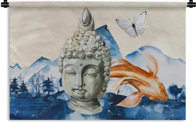 Produktbild von MuchoWow® Wandteppich Wandbehang Buddha - Kopf - Berg 90x60 cm Tapisserie Dekoration Wandtuch - Wandskulpturen - Bildteppich