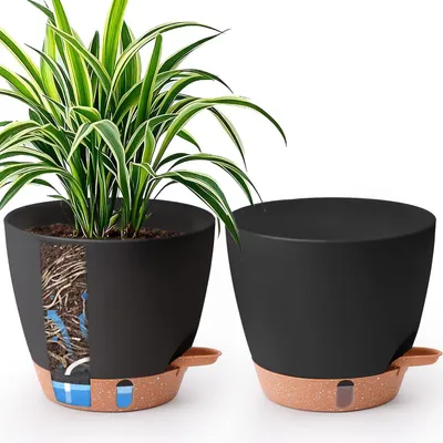 Image de Lot de 2 pots de fleurs auto-arrosables, 20 cm, noirs, avec réservoir d'eau