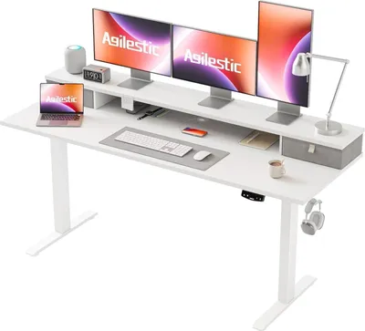 Image de Bureau réglable en hauteur 160x60 cm électrique blanc 2 tiroirs
