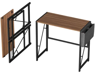 Produktbild von Schreibtisch 80 cm - Klapptisch - Für kleine Räume - Für Schlafzimmer und Homeoffice - Mit Aufbewahrungstasche - Mit Kopfhörerhaken - Metallgestell mit Holzplatte - Braun