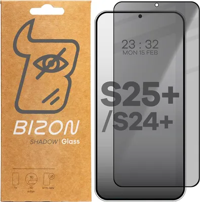 Produktbild von Bizon Glass Edge Shadow Privacy Panzerglas für Galaxy S25 Plus / S24 Plus, getönt mit schwarzem Rahmen