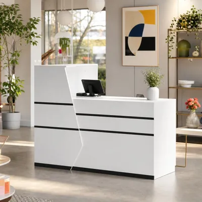 Produktbild von Empfangstheke mit 1 Abschließbarer Schubladen und Tastaturauszug, L-förmige Rezeptionstheke, Weiß, MDF, 140 x 100 x 110 cm