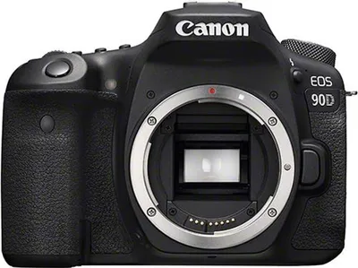 A front view of a black Canon EOS 90D DSLR camera body, with the lens mount exposed.