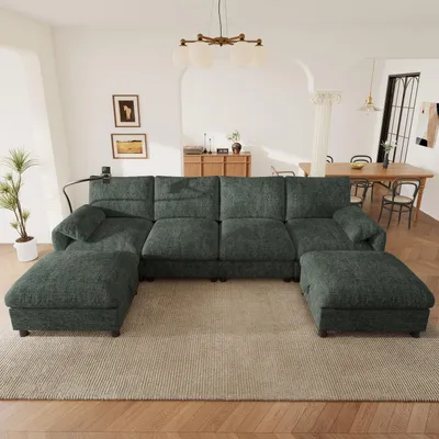 Produktbild von Merax U-Form Modulares Ecksofa, 6 Sitzer Wohnlandschaft Mit 2 Hockern Stauraum, USB Type C, Handyhalter, Chenille Soffa, Couch, Grün
