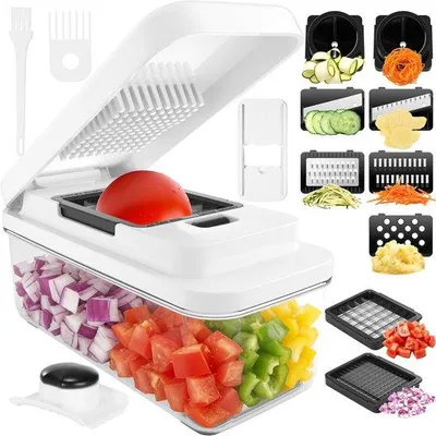 Produktbild von Multifunktionelles Gemüseschneidegerät mit 9 austauschbaren Messern, professionelles manuelles Küchengerät zum Schneiden von Gemüse wie Tomaten, Zwiebeln und Karotten
